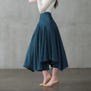 Linennaive Linen Opera Skirt in Peacock Blue Size M
